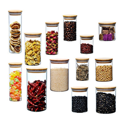 Bamboo Lid Glass Storage Bottle , Kitchen Storage Containers Glass Material