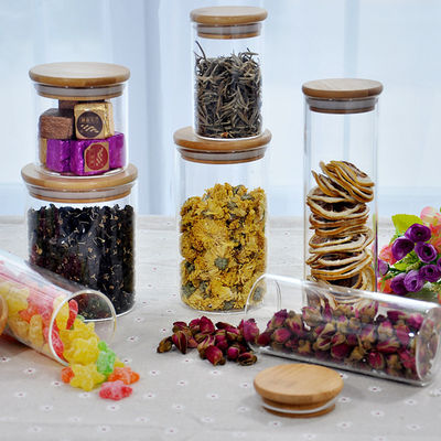 Bamboo Lid Glass Storage Bottle , Kitchen Storage Containers Glass Material