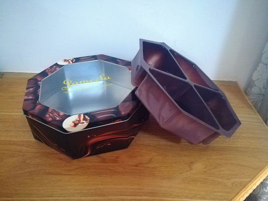 Decorative Cookie Tin Box Hexagonal Shape With PET Window Custom Printed