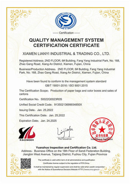 China Lianyi International industrial and trading co.,Ltd certification
